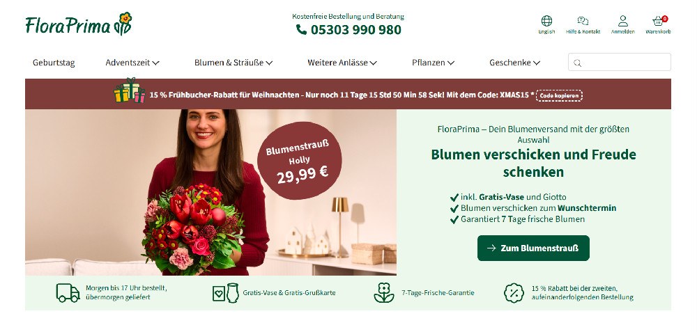 15 % Rabatt auf die zweite Bestellung 1 Floraprima Gutscheincode